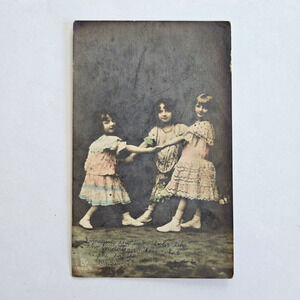 Antique Postcard Victorian Girls Dancing Cute Cottagecore Germany New York 1908